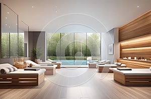 interior of luxury spa salon with a pool, neutral white colors, big windows, fresh plants