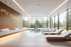 interior of luxury spa salon with a pool, neutral white colors, big windows, fresh plants