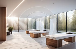 interior of luxury spa salon with a pool, neutral white colors, big windows, fresh plants