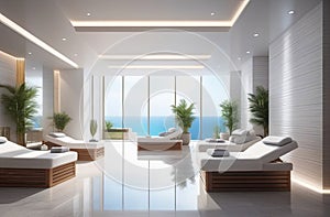 interior of luxury spa salon with a pool, neutral white colors, big windows, fresh plants