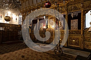 The interior of the main hall of the Church of Nativity in Bethlehem in the Palestinian Authority, Israel