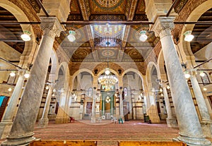 Interior of Mamluk era Imam Al Shafii Mosque, with floral decorated wooden ceiling, Cairo, Egypt photo