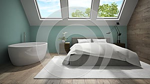 Interior of mansard badroom with blue wall 3D rendering