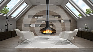Interior of mansard room with fireplace 3D rendering