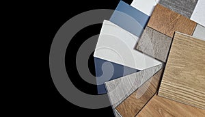 interior materials sample design swatch for selection including wooden vinyl floorings, engineering floorings. photo