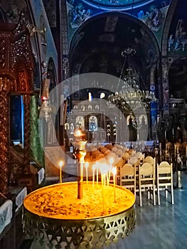 Lit Votive Candles, Greek Orthodox Church Interior, Greece