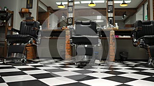 Interior of the men`s Barber shop with brick walls and leather chairs with chrome handles