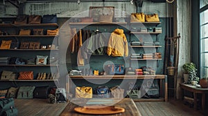 Interior of a men's casual clothing store. Men's clothing and accessories for sports and tourism. Vintage