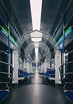 Interior of a metro train car in Moscow without people