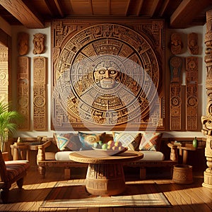 Interior in Mexican style, Mayan calendar hanging on the wall