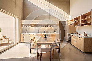 Interior of minimal modern decor style kitchen with shelves, counter bar and cook zone, Home dinning room with contemporary design