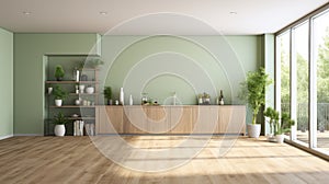 Interior of minimalist pistachio kitchen in modern home or apartment. Pistachio walls, wooden facades, built-in home