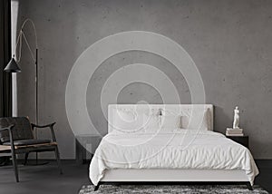 Interior mock up, loft style. Empty concrete wall in modern bedroom. Copy space for your artwork, picture, poster
