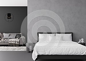 Interior mock up, loft style. Empty wall in modern bedroom. Copy space for your artwork, picture, poster. Contemporary
