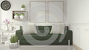 Interior Mock up poster frame in white living room with green sofa and decoration plants on white glossy floor.3D rendering