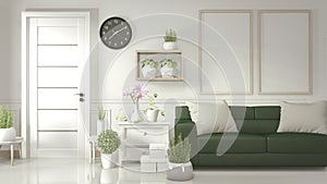 Interior Mock up poster frame in white living room with green sofa and decoration plants on white glossy floor.3D rendering