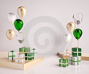 Interior mock up scene with green and gold gift boxes and balloons. Realistic glossy 3d objects for birthday party or promo poster