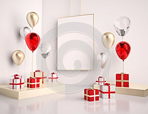 Interior mock up scene with red and gold gift boxes and balloons. Realistic glossy 3d objects for birthday party or promo posters