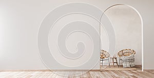 Interior mock up with wooden rattan armchairs, trendy carpet and stylish home accessories on beige wall background.