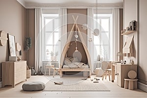 Interior mockup of a children\'s bedroom in a Scandinavian style.