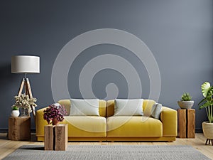 Interior mockup dark blue wall with yellow sofa and decor in living room