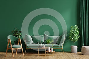 Interior mockup green wall with green sofa and green armchair in living room