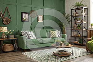 Interior mockup of green wall with green sofa and decor