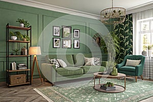 Interior mockup with green wall and sofa