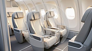 Interior of a modern airplane with empty gray leather seats near windows. Sustainable traveling holiday getaway