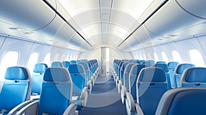 Interior of a modern airplane with rows of empty seats of economy class. Sustainable traveling holiday getaway