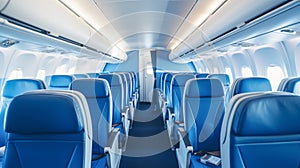 Interior of a modern airplane with rows of empty seats of economy class. Sustainable traveling holiday getaway