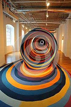 Interior of a modern art gallery with colorful abstract spiral pattern.