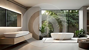 Interior of modern bathroom with beige walls, tiled floor, comfy bathtub and panoramic window