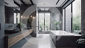 Interior of modern bathroom with black and wooden walls, concrete floor, comfortable bathtub and double sink