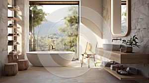 Interior of modern bathroom in luxury eco-style chalet. Stone-textured walls, freestanding bathtub, wood trim, indoor
