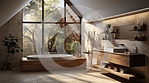 Interior of modern bathroom in luxury eco-style chalet. Stone-textured walls, freestanding bathtub, wood trim, indoor