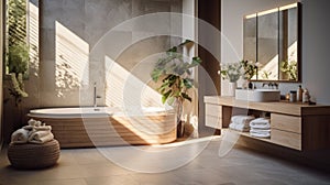 Interior of modern bathroom in luxury eco-style chalet. Stone-textured walls, freestanding bathtub, wood trim, indoor