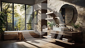 Interior of modern bathroom in luxury eco-style chalet. Stone-textured walls, freestanding bathtub, wood trim, indoor