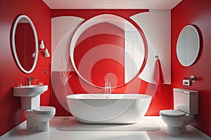 Interior of a modern bathroom with red walls, white floor, red bathtub and round mirror. generative ai
