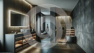 Interior of a modern bathroom with a spa concept, featuring dark gray tiled walls and a combination of concrete and dark