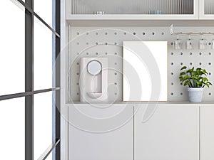 Interior of modern bathroom with white walls, white cupboards and wooden sink with the vertical mockup poster frame. AI Generative