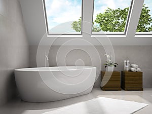 Interior of modern bathroom with wooden cupboards 3D rendering