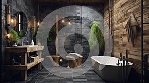 Interior of modern bathroom with wooden walls, tiled floor, bathtub. Rustic, minimalistic style