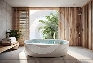 Interior of modern bathroom with wooden walls, tiled floor, comfortable white bathtub and mirror