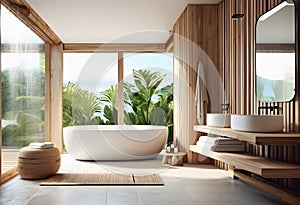 Interior of modern bathroom with wooden walls, tiled floor, comfortable white bathtub and mirror