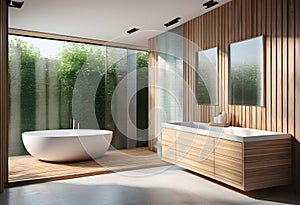 Interior of modern bathroom with wooden walls, tiled floor, comfortable white bathtub and mirror