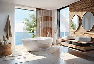 Interior of modern bathroom with wooden walls, tiled floor, comfortable white bathtub and mirror