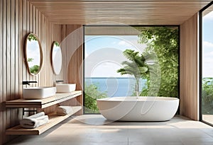 Interior of modern bathroom with wooden walls, tiled floor, comfortable white bathtub and round mirror.