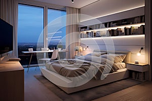 The interior of a modern bedroom with a bed, a large panoramic window, a table and bedside tables