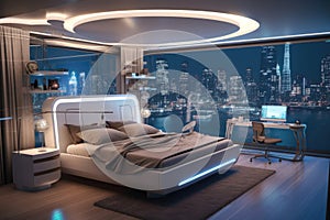 The interior of a modern bedroom with a bed and white neon lighting